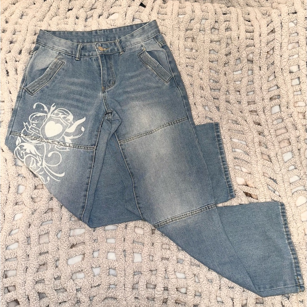 Emmiol Stylish Blue Women's Jeans With Heart Design Size M (Measurements Below)